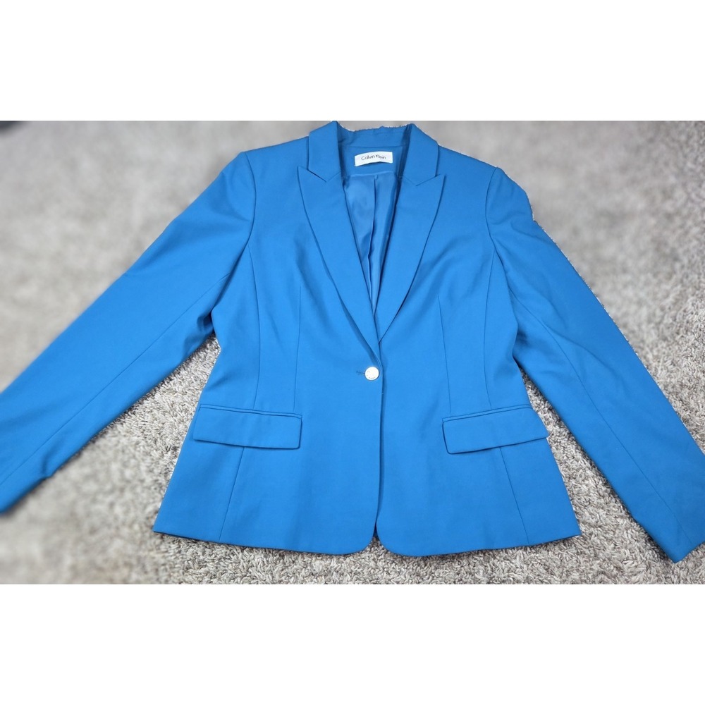 Calvin Klein Womens Blue One Button Blazer Jacket Career Office Tailored Sky 8